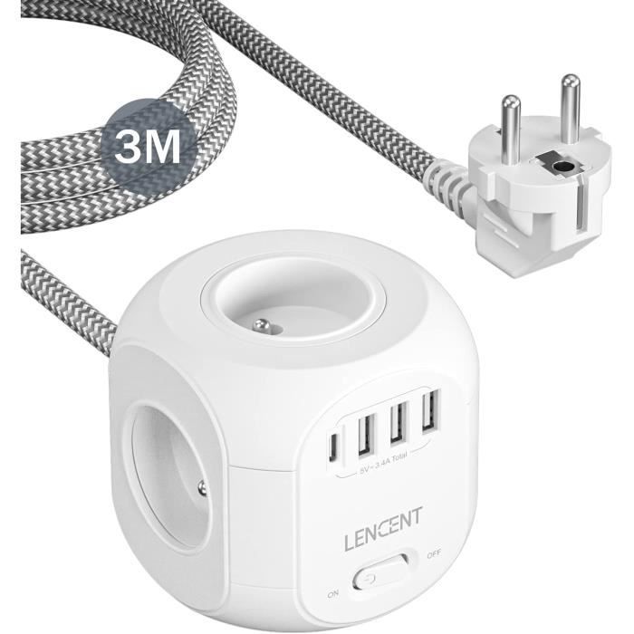 Multiprise 3M 3 Prises Françaises Orientables 45° - Rallonge 230V Avec 2 Ports USB