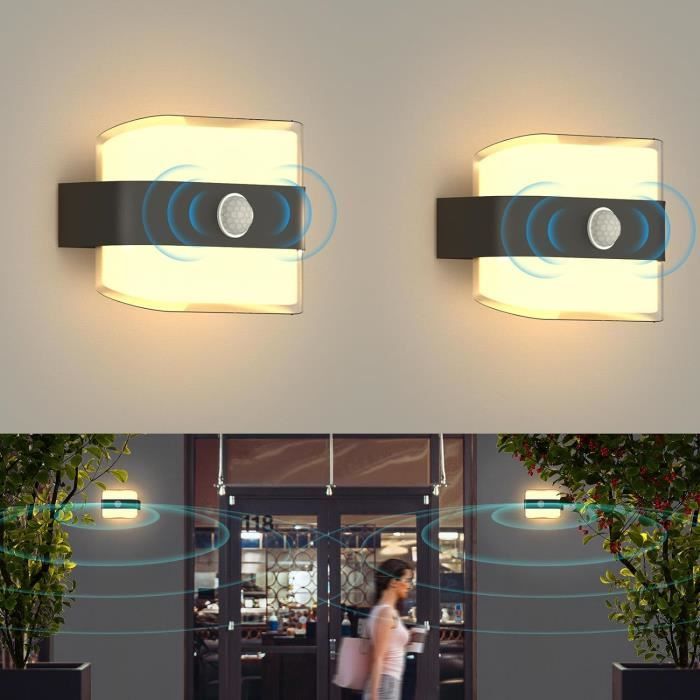 Applique Murale LED 12W Avec Détecteur Mouvement - IP65 étanche, 3000K Blanc Chaud - Noir