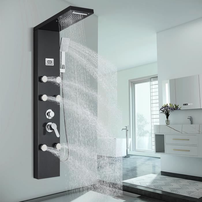Colonne de Douche Hydromassages Noir LCD avec 6 Grandes Buses Massants Douchette à Main et Douche Cascade Murale en Acier Inoxydable