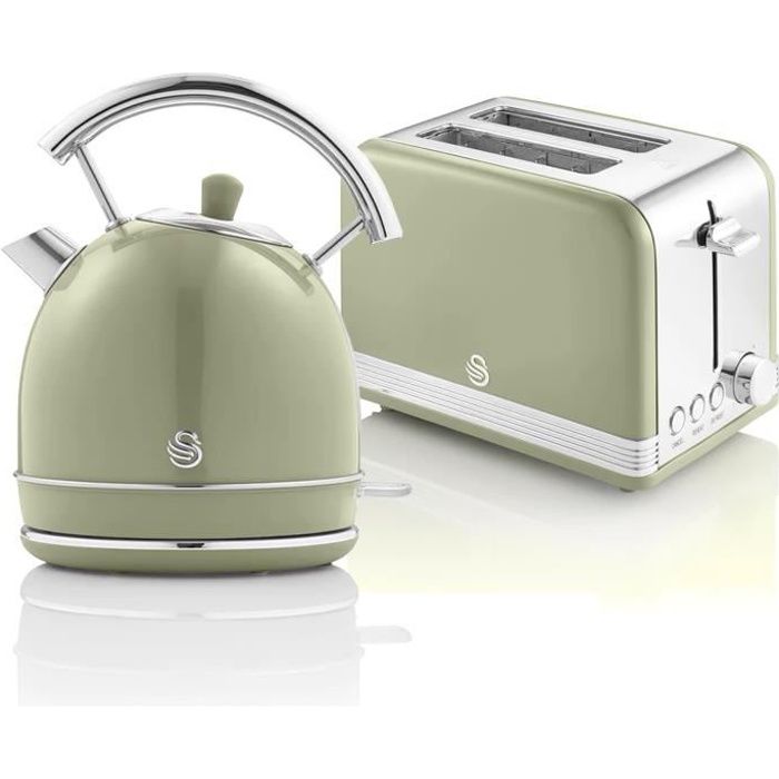 Ensemble Petit-Déjeuner Retro - SWAN - Bouilloire 1,8L Sans fil, Grille-Pain 2 Larges Tranches Vert