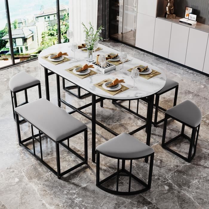 Ensemble table à manger - 1 plateau aspect marbre 6 tabourets - structure en acier stable - moderne blanc et noir
