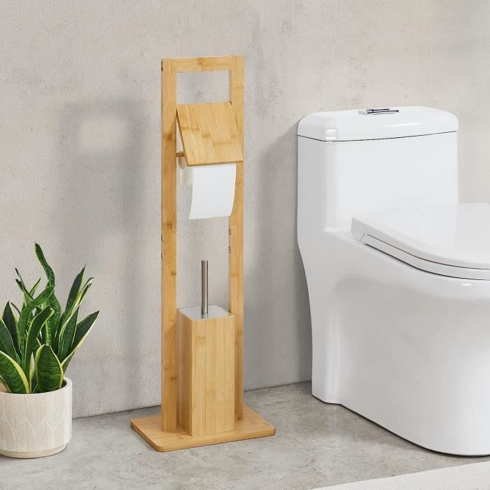 Ensemble de toilette sur pied en bambou, avec porte-papier toilette et porte-brosse