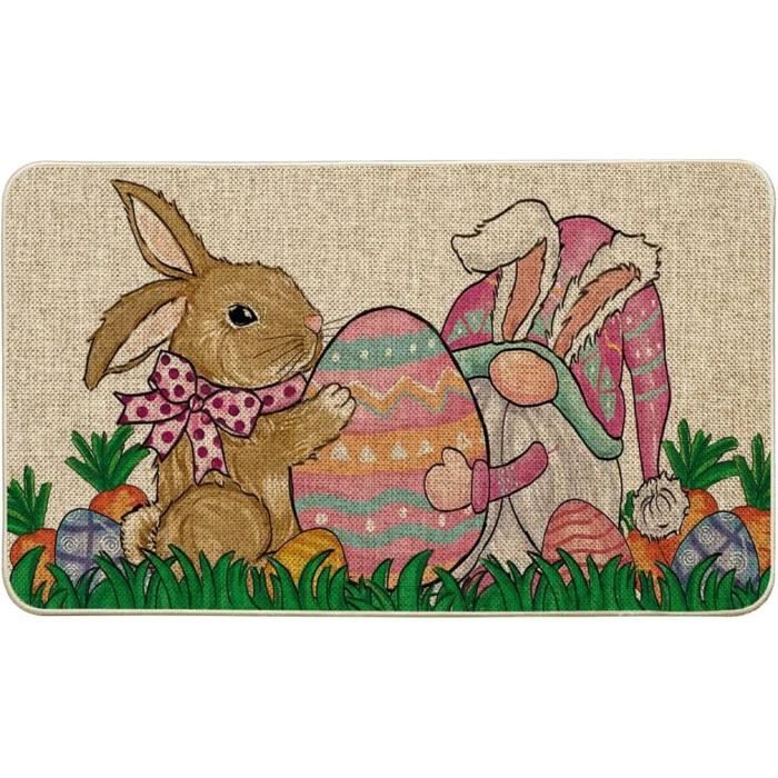 Paillasson Pâques Décoratif - Tapis De Bienvenue Lapins Et Œufs - Antidérapant - Pour Porte D'Entrée Extérieur - Printemps
