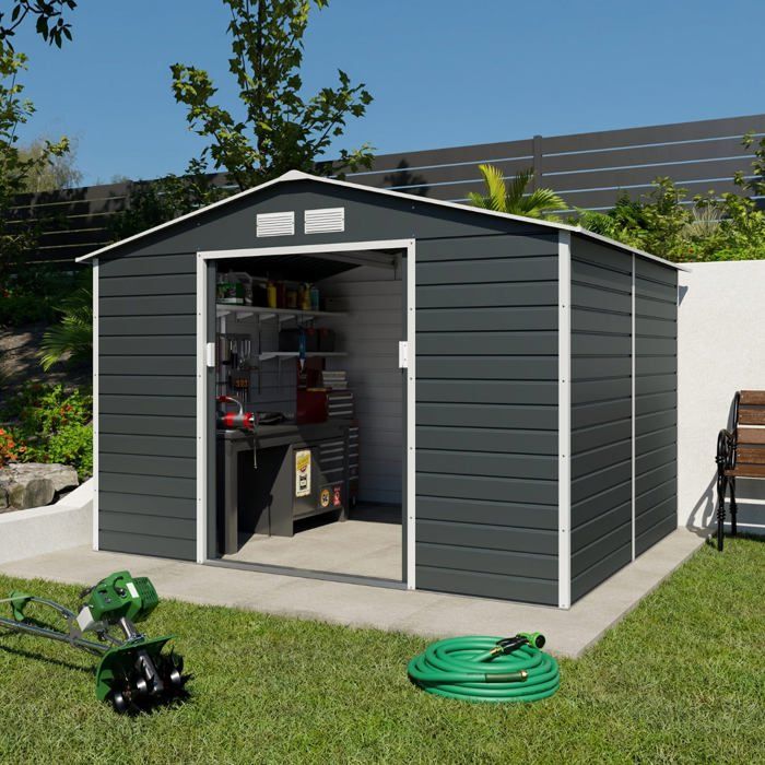 Abri de jardin métal gris 65 m2 + kit dancrage