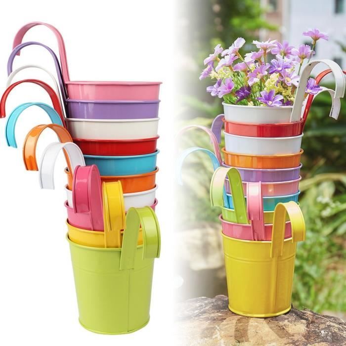 10pcs Pots de Fleurs avec poignée amovible Pot Plante Suspendu 10 Couleurs Pots Fleur Métal Fer Balcon Jardin Maison Décoration