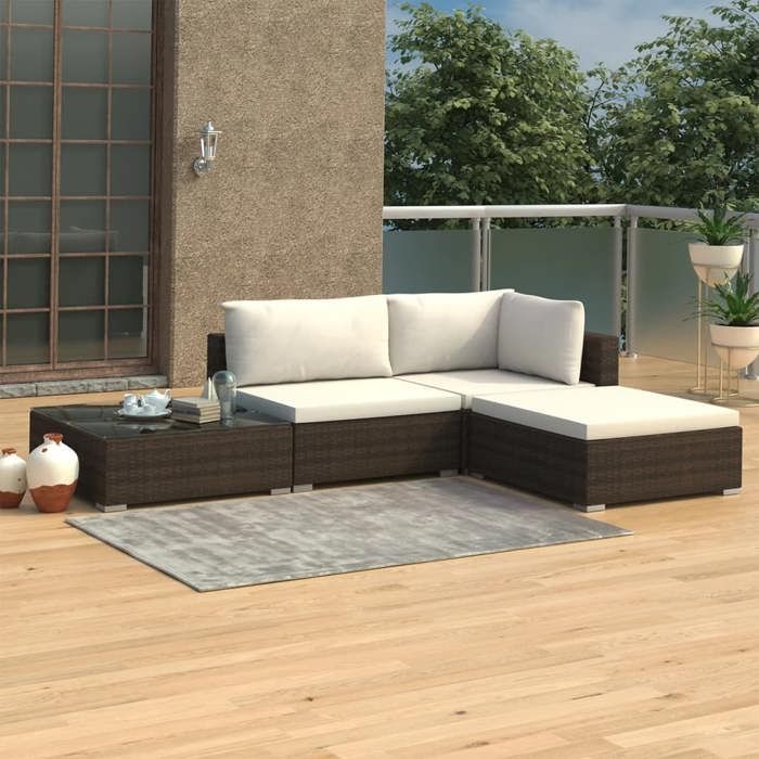 vidaXL Salon de jardin 4 pcs avec coussins Résine tressée Marron 46777
