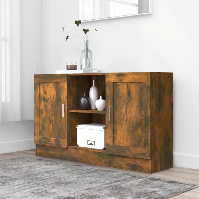 Buffet Bas - Chêne Fumé - 120x305x70 cm - Bois dingénierie - Design Contemporain - Grand espace de rangement