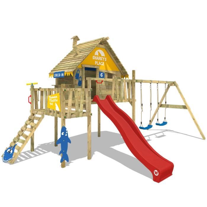 Aire De Jeux Wickey Resort Cabane En Bois Sur Pilotis Tour D Escalade Avec 2 Sieges De Balancoire Toboggan Et Bac A Sable Cdiscount Jeux Jouets