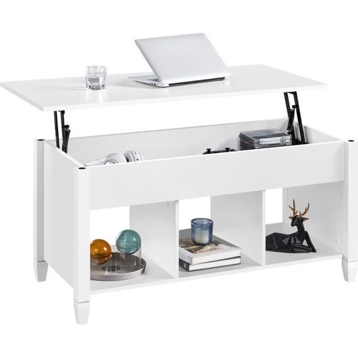 Table Basse - YAHEETECH - Plateau Relevable Blanc - 3 Casiers - Moderne Table Basse - YAHEETECH - Plateau Relevable Blanc - 3 Casiers - Moderne