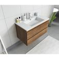 Meuble de salle de bain suspendu Angela 90cm en chêne - Armoire de rangement avec lavabo en marbre artificiel-1