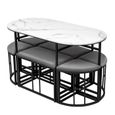 Ensemble table à manger - 1 plateau aspect marbre 6 tabourets - structure en acier stable - moderne blanc et noir-1