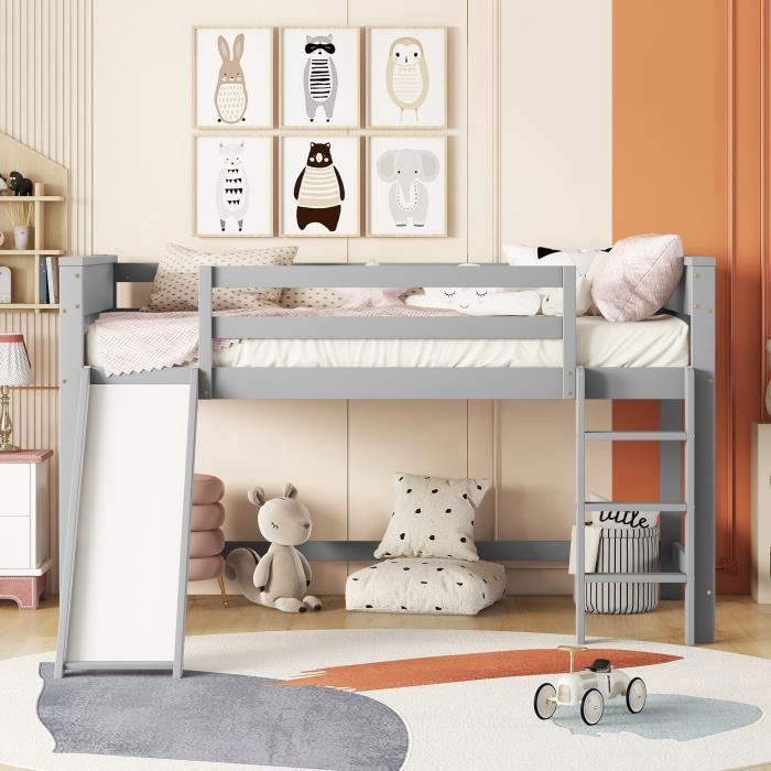 Lit Superposé Enfant Avec Toboggan - 140x200cm, Pin Et MDF, Gris/blanc - Mezzanine 2 Places, échelle