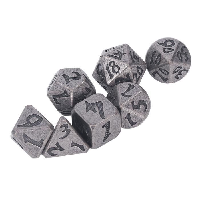 DollaTek 7 Dés Métal Polyédriques – Alliage Zinc – D4 D6 D8 D10 D12 D20 D% – Sac Velours Noir – Poids 107g – D&D