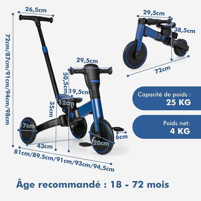 HyperMotion Draisienne Trottinette Enfant 3 en 1 (Charge Max 50 Kg), Tricycle Bébé Évolutif de + 1 an