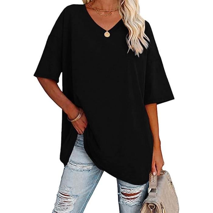 T Shirt Femme Grande Taille Col en V Manches Courtes Noir T Shirt d ete Chic et Confortable Noir Cdiscount Pret a Porter