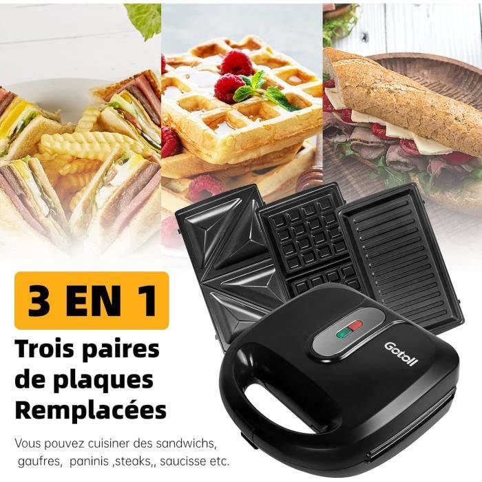 Gotoll Appareil à Croques Monsieur Gaufrier 3 en 1 Machine à Sandwich