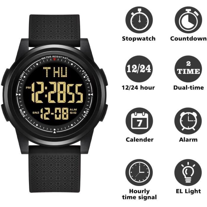 Montre D’Arbitre Numérique Noire – Chronomètre, Compte à Rebours, Alarme – Étanche 50m, Légère, Parfaite Pour Le Sport Et Le Quotidien