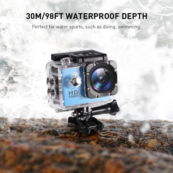 Caméra D'Action Sous-Marine 1080P HD 2.0 Pouces - Caméra Sport Étanche 30m Objectif 140° Grand Angle 12MP
