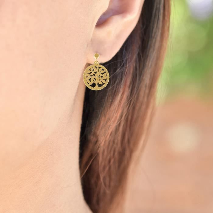 Boucles D'Oreilles Anneaux Arbre De Vie – Acier Inoxydable Plaqué Or – Femme