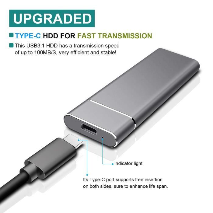 Disque Dur Externe Portable 2 To KOIAMVZW - Antichoc, étanche, Pour PC, Mac, TV - Simple Branchement USB