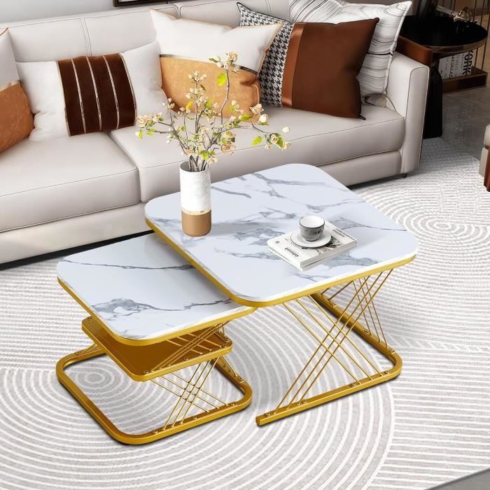 Ensemble 2 Tables Basses Rondes à 3 Pieds – Style Nordique, MDF, Coloris Travertin Jaune – Pour Salon & Chambre