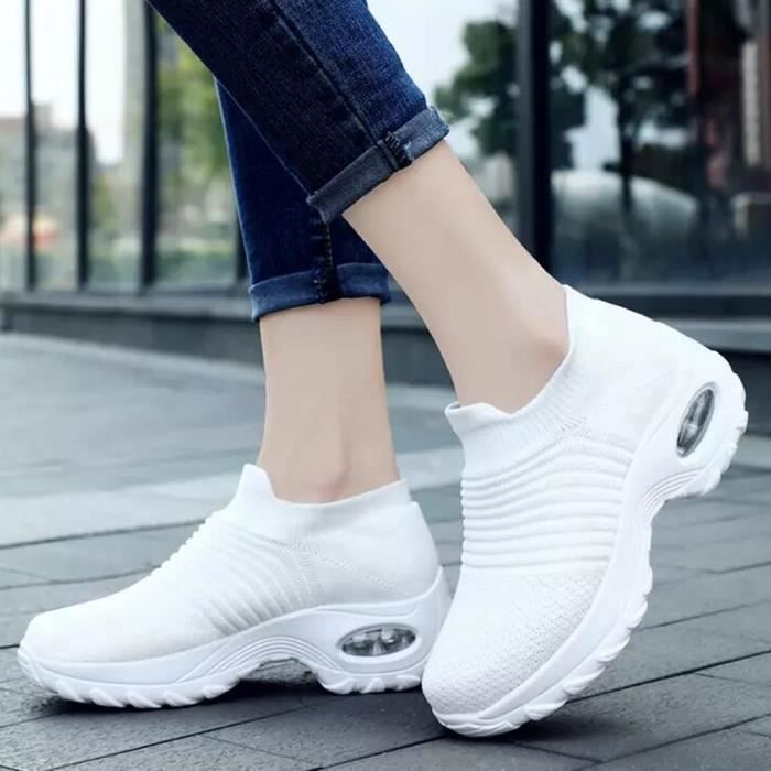 2021 Mode Chaussettes Femme Baskets Femme Beau Simple Blanc Maille Respirante Chaussure Blanc Cdiscount Chaussures