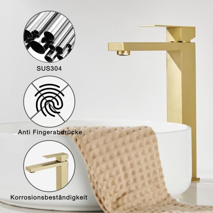 Mitigeur De Lavabo Salle De Bain Doré - Bec Allongé - Acier Inoxydable - Hauteur 105 Mm - Installation Facile
