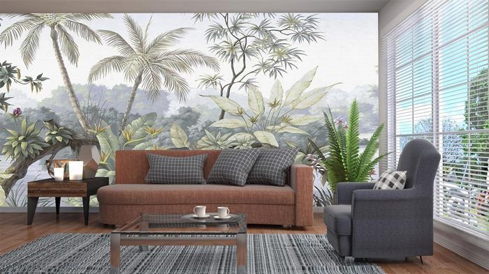 Papier Peint Panoramique Jungle 3D Peinte à la main De La Plante ...