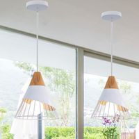 MOGOD 2Pcs Lustre éclairage de Salon Suspension Luminaire en Fer Bois E27 Lampe de Plafonde Intérieur Industriel - Blanc