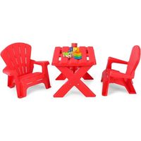 DREAMADE Ensemble Table et Chaises d'Extérieur pour Enfants avec 2 Chaises Adirondack, Design Empilable, 3-6 Ans, Charge 30KG Rouge