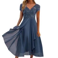Vimoli Robe Cocktail Femme Dentelle Mousseline Taille Haute - Robe Soirée Col V Manches Courtes A-Line Chic Pour Mariage Anniversaire Fête