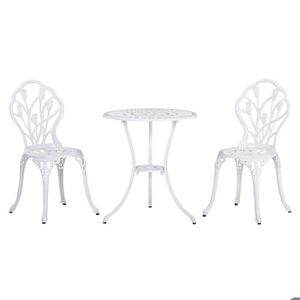 Ensemble table et chaise de jardin Salon de Jardin Imitation Fer Forgé Blanc - Chaises - Table Ronde Fonte d'Aluminium - Desing