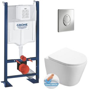 HABILLAGE WC SUSPENDU Grohe Pack WC Bâti autoportant + WC Swiss Aqua Technologies Infinitio sans bride + Plaque chrome (ProjectInfinitio-2)