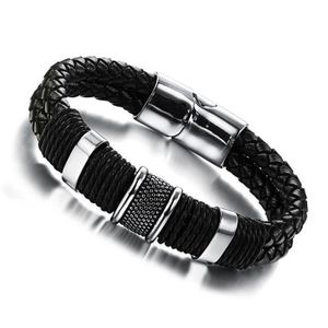 Bracelet homme femme chaîne acier inoxydable et cuir noir ou marron 21/19 cm 