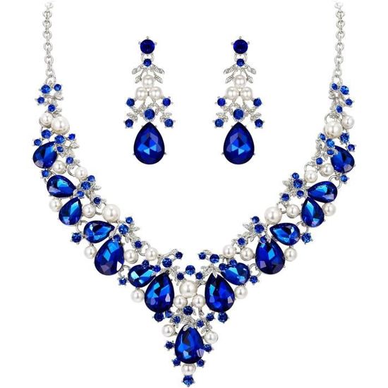 Parure Bijoux Crochet Moderne - Collier Et Boucles Perle Cristal Bleu Nuit