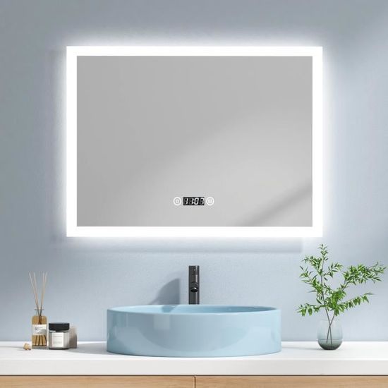 Miroir Salle De Bain LED EMKE 80x60cm - Éclairage 3 Tons - Interrupteur Tactile - IP44 - Fonction Mémoire