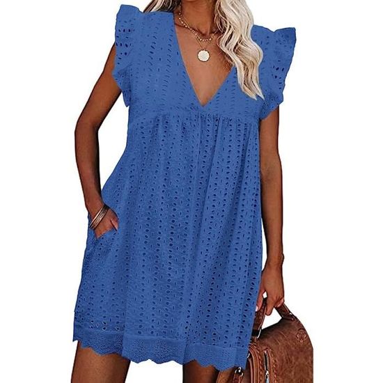 Robe D'été Bleu Roi Sans Manches - Volants Et Dentelle, Taille 38, Marque Choklate, Occasion