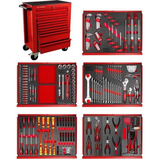 Servante atelier complète 211 outils rouge MW-Tools MWE211R