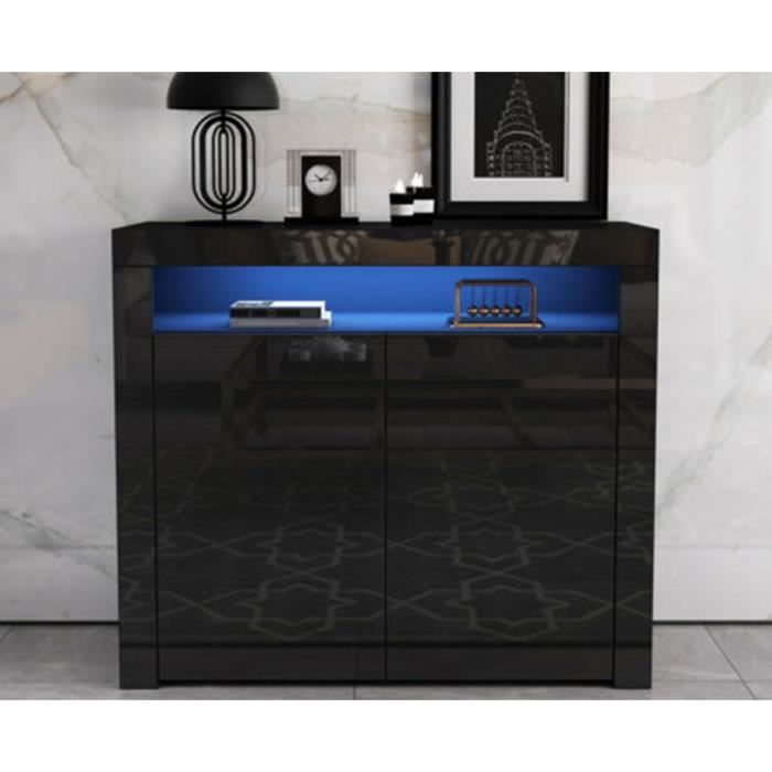 DOMICILE Buffet Bas avec contemporain noir laqué brillant bois- 108cm x 40cm x 92cm