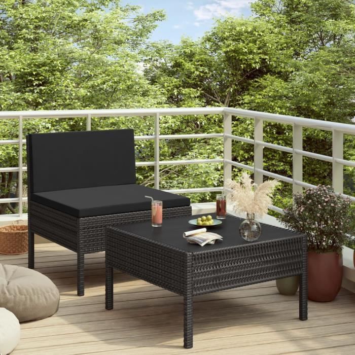 Salon de jardin 2 pcs Ensemble repas de jardin Meuble de jardin - avec coussins Résine tressée Noir #E#905