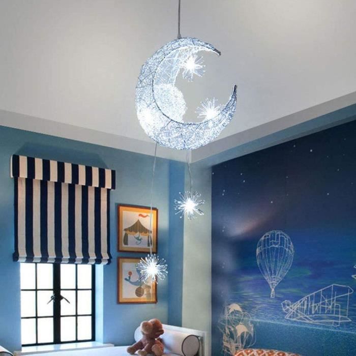 Lustre Suspension Lune étoiles LED Plafonnier Luminaire Aluminium avec 5 Ampoules pour Enfants Chambre (lumière blanche),75