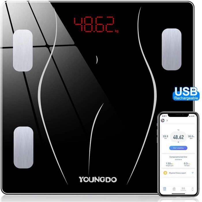 YOUNGDO Pèse Personne Impédancemètre, Balance Connectée, Balance Pèse Personne Connecté, 23 Mesures(IMC/Taux de Graisse/Poids Osseux