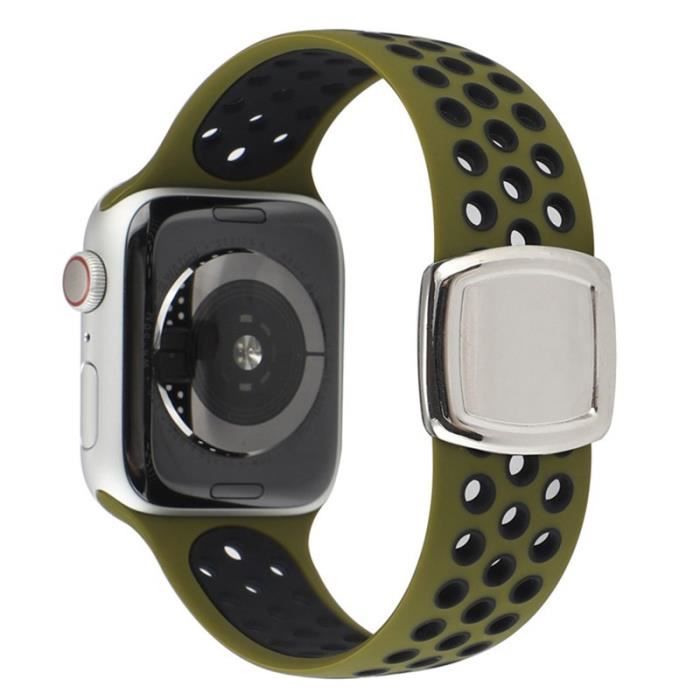 Connecteur De Bracelet Sangle Silicone Colorée Multi-Trous Pour Apple Watch Se Série 6 5 4 44Mm- 3 2 4 1 42Mm -Olivine-Noir