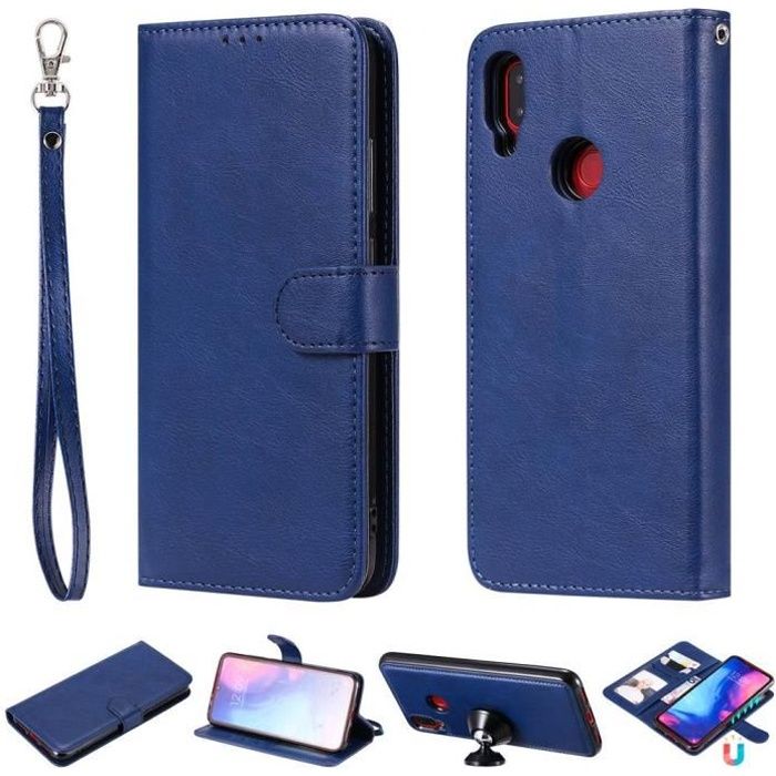 Coque Xiaomi Redmi Note 7,Bleu Magnétique Voiture Support avec Cuir Premium Porte-cartes Fonction Stand Coque Compatible Xiaomi