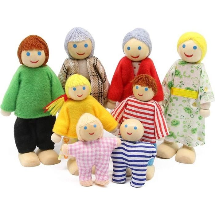 Ensemble de poupées familiales en Bois de 8 Figurines de Petites Personnes pour Accessoires de Meubles de Maison de poupées