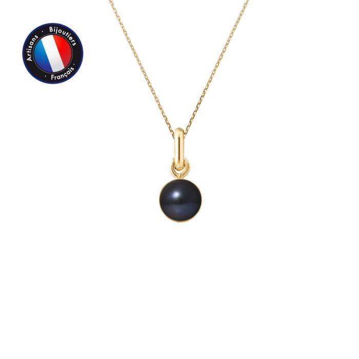 PERLINEA - Pendentif - Véritable Perle de Culture d'Eau Douce Bouton 6-7 mm Noire - Or Jaune - Chaîne Offerte - Bijoux Femme