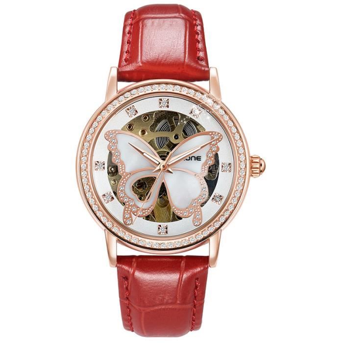 Montre femme de marque papillon diamant bracelet en cuir étanche cadran squelette rouge luxe