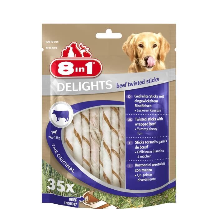 8IN1 Friandise stick à mâcher - En peau de bœuf garni de bœuf - Pour chien - 35 pièces