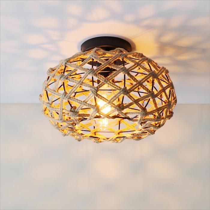 WOTTES Plafonnier Boho en corde de chanvre tissée cage en rotin en osier rétro rustique pour couloir cuisine salon