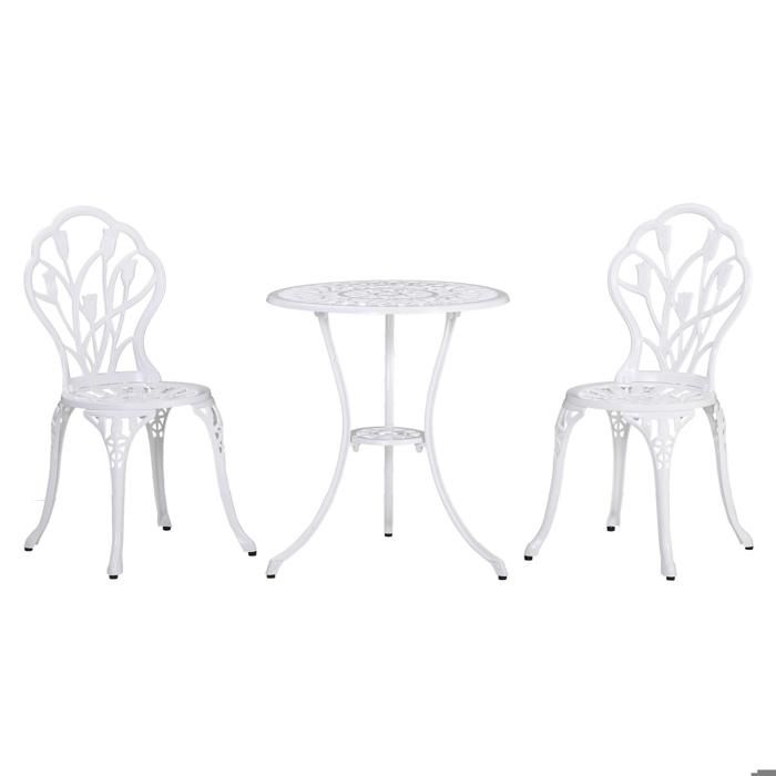salon de jardin imitation fer forgé blanc - chaises - table ronde fonte d'aluminium - desing